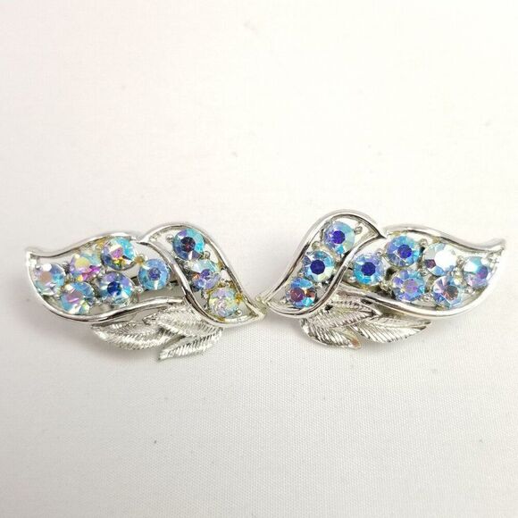 Vintage Coro Blue Rhinestone Leaf Shape Clip On Earrings, Silver Tone Setting - Picture 7 of 8